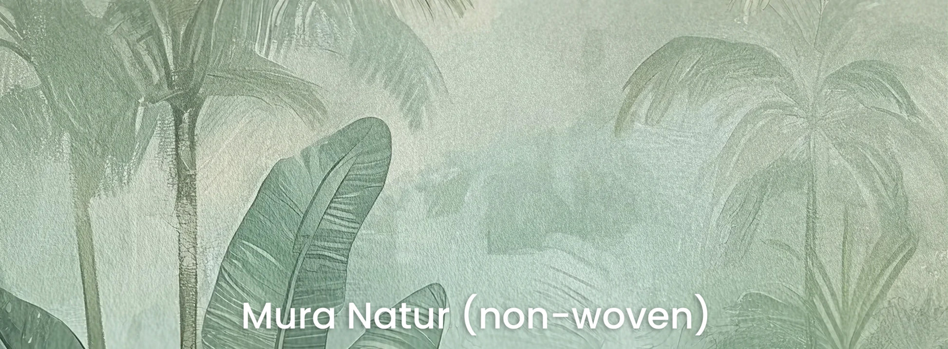 Zbliżenie na fototapetę MIST GARDEN - tapeta z tropikalną dżunglą w pastelowych odcieniach na naturalnym podłożu ekologicznym.