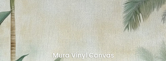 Zbliżenie na fototapetę PALM MIRAGE - tapeta z tropikalną dżunglą w pastelowych odcieniach na podłożu o fakturze płótna.