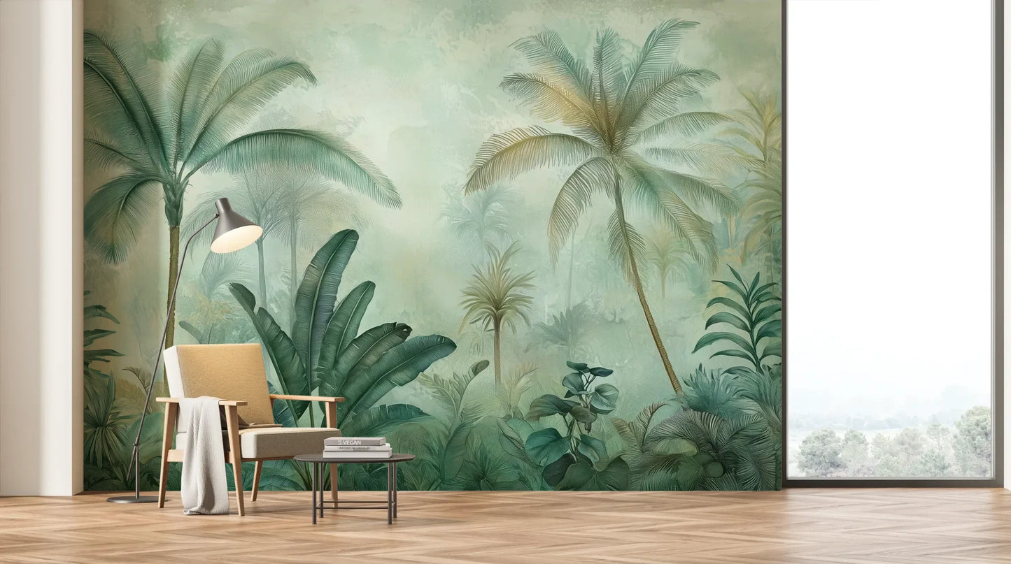 Wzór fototapety MISTY RAINFOREST - tapeta z tropikalną dżunglą w pastelowych odcieniach pokazanej w aranżacji salonu.