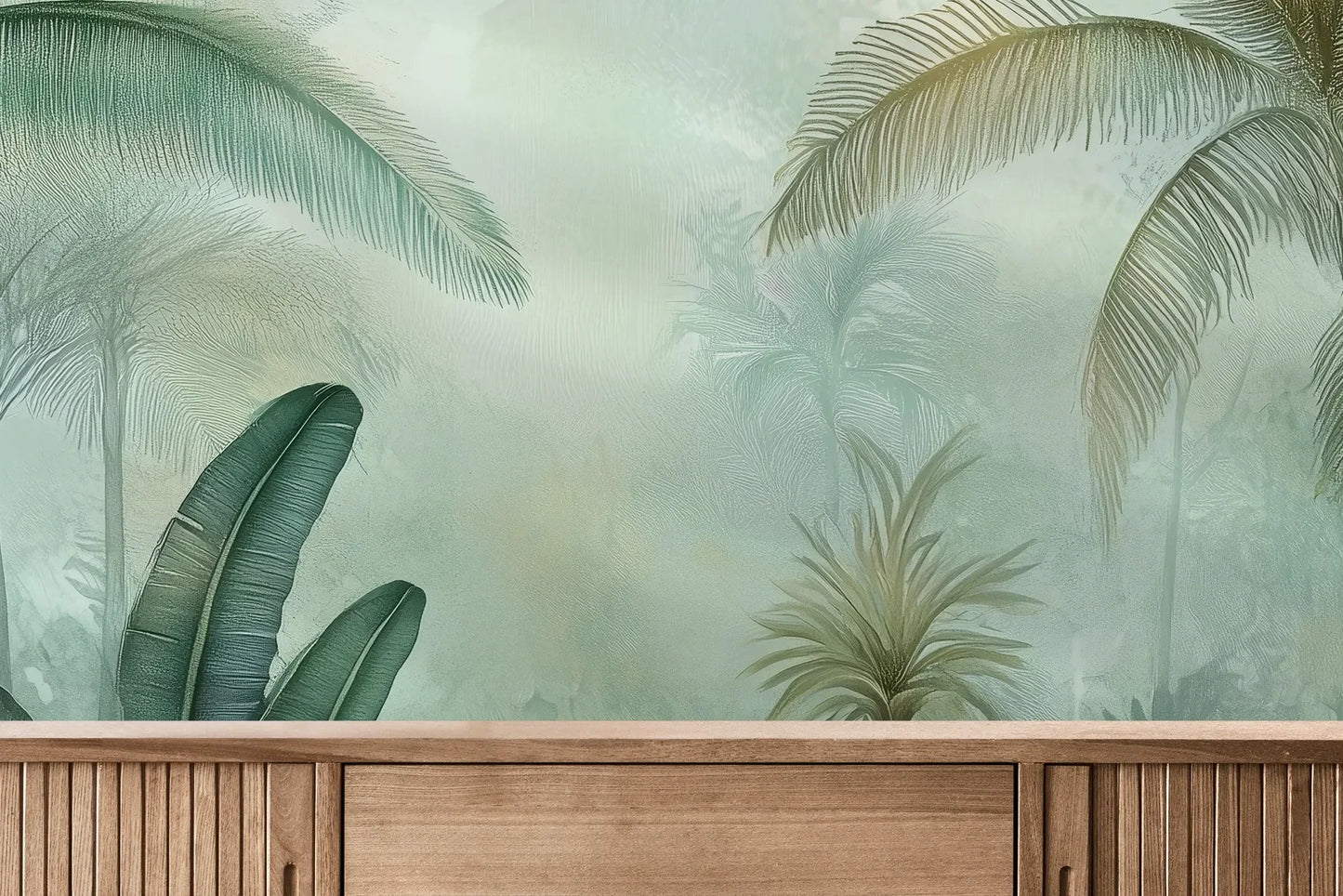 Fototapeta MISTY RAINFOREST - tapeta z tropikalną dżunglą w pastelowych odcieniach pokazana w aranżacji wnętrza z akcentem na ścianie.