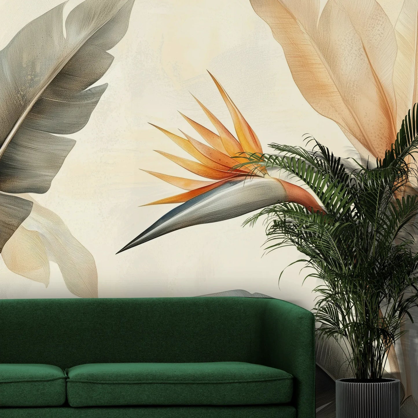 Fototapeta PARADISE BIRD - tapeta z rajskim kwiatem strelicji pokazana w aranżacji wnętrza z akcentem na ścianie.