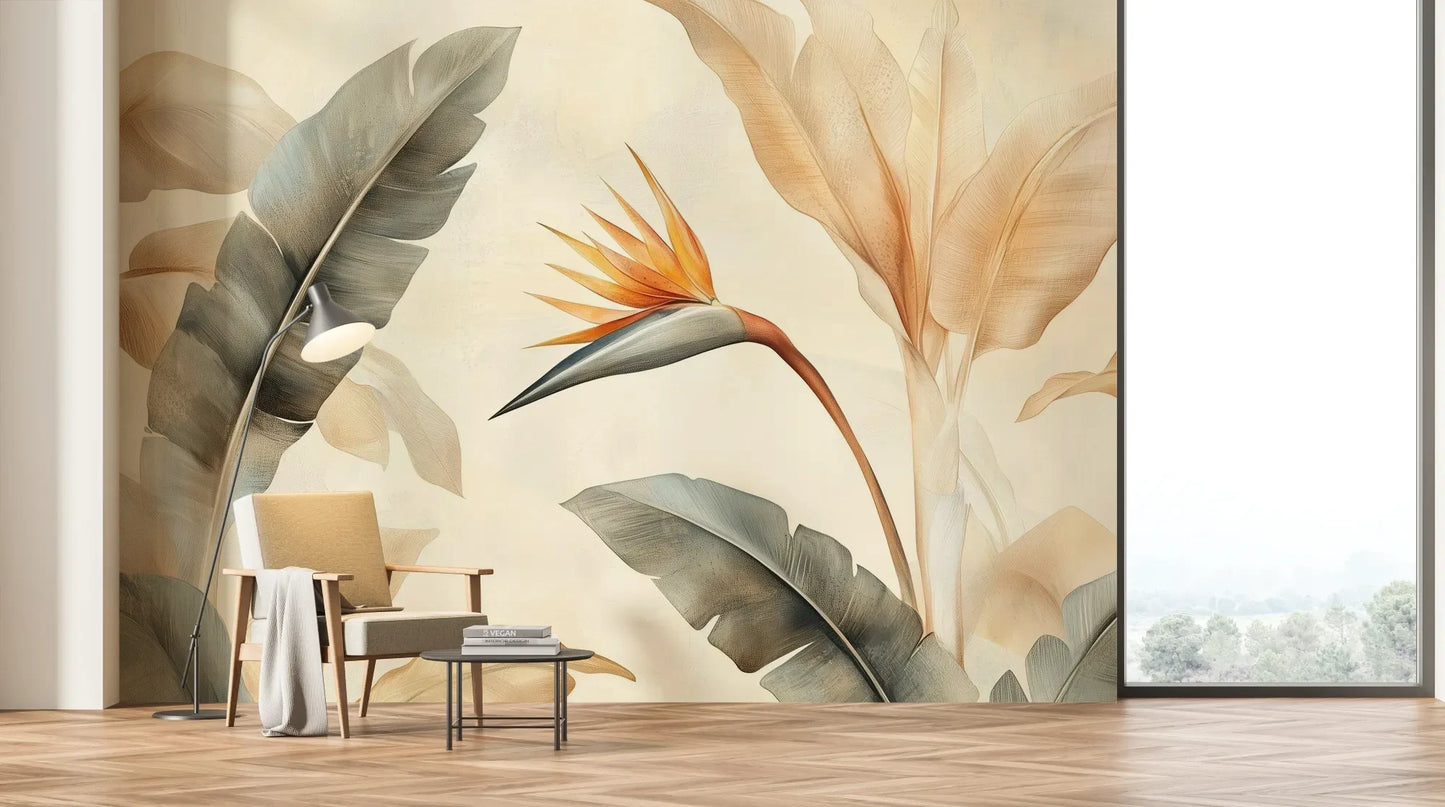Wzór fototapety PARADISE BIRD - tapeta z rajskim kwiatem strelicji pokazanej w aranżacji salonu.