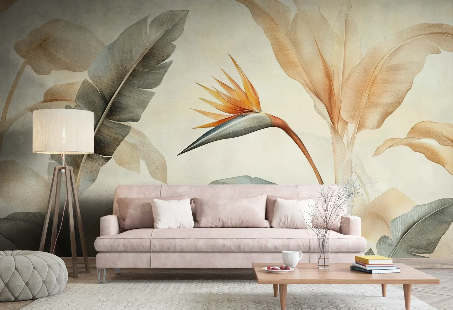Wzór fototapety PARADISE BIRD - tapeta z rajskim kwiatem strelicji pokazanej w aranżacji salonu.