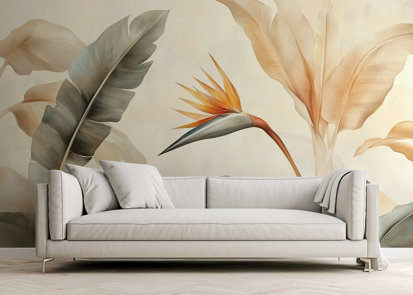 Wzór fototapety PARADISE BIRD - tapeta z rajskim kwiatem strelicji pokazanej w aranżacji salonu.
