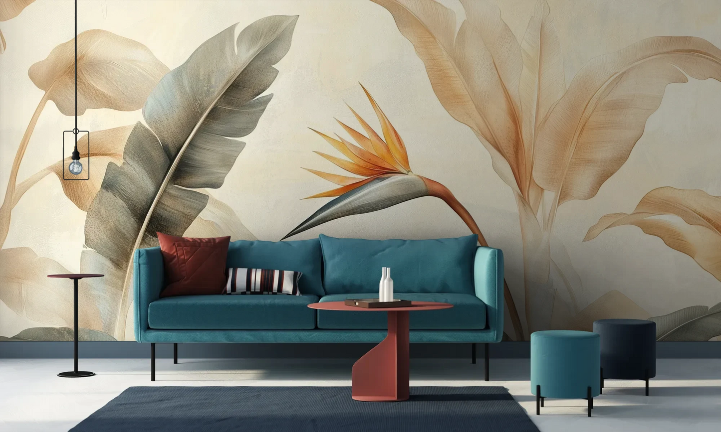 Wzór fototapety PARADISE BIRD - tapeta z rajskim kwiatem strelicji pokazanej w aranżacji salonu.