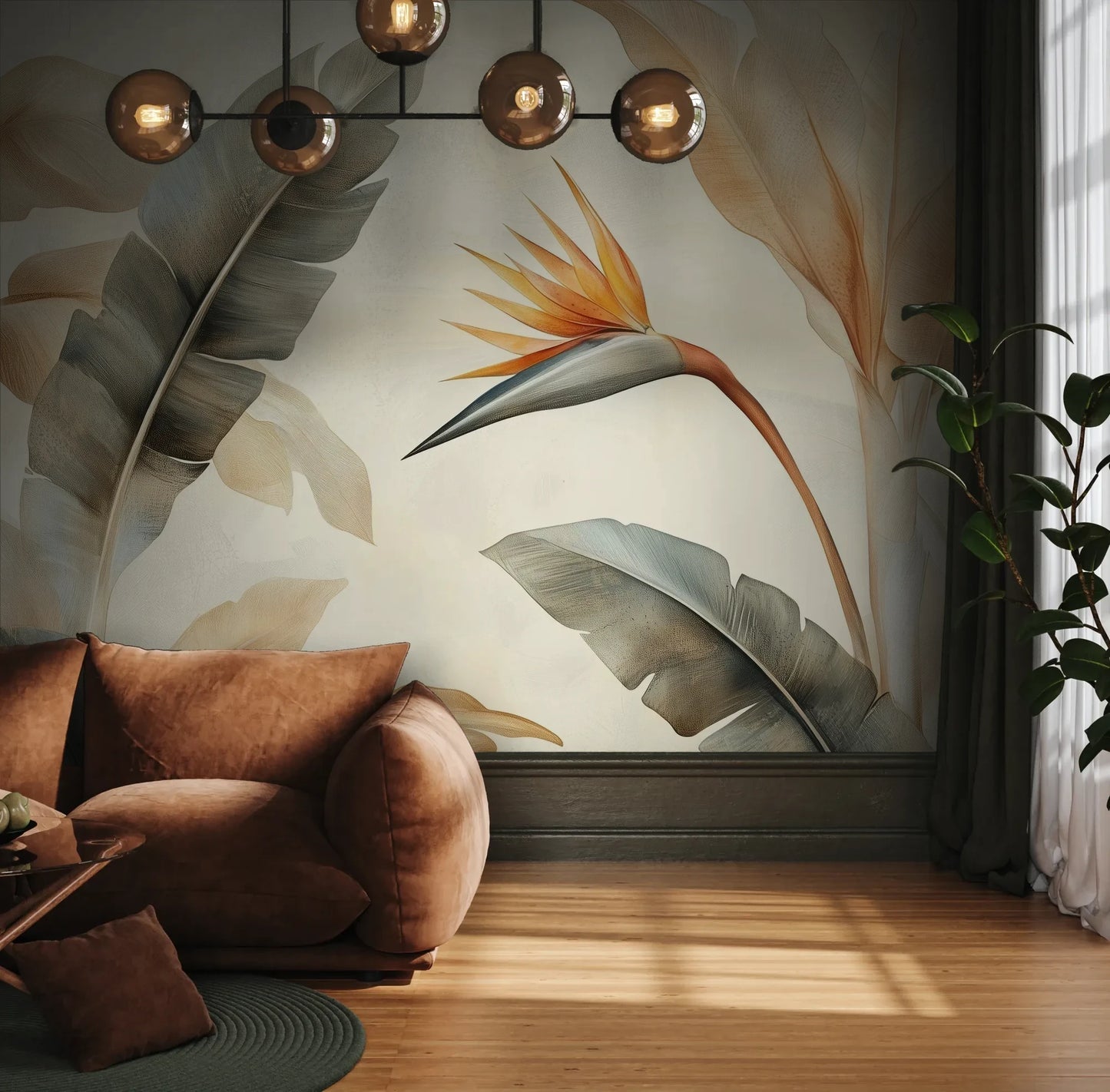 Fototapeta PARADISE BIRD - tapeta z rajskim kwiatem strelicji pokazana w aranżacji wnętrza z akcentem na ścianie.