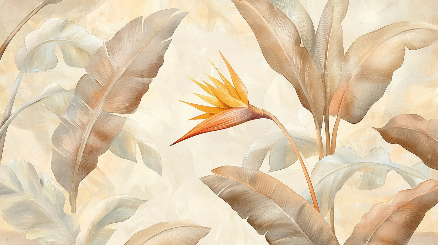 Prezentacja całego wzoru fototapety o nazwie GOLDEN STRELITZIA - tapeta z tropikalną rajską ptasznicą w ciepłych beżach