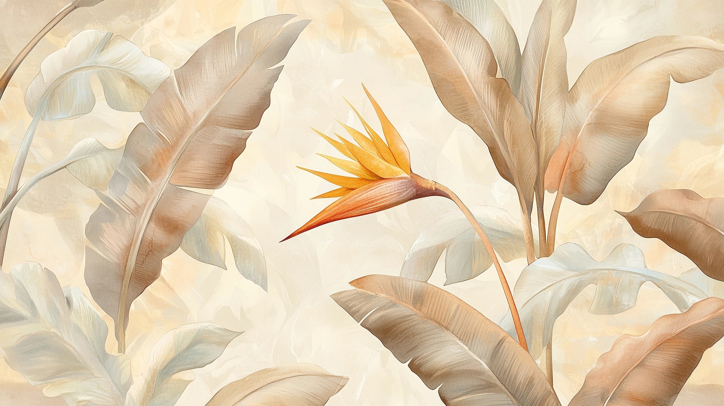 Mustervorschau: Prezentacja całego wzoru fototapety o nazwie GOLDEN STRELITZIA - tapeta z tropikalną rajską ptasznicą w ciepłych beżach