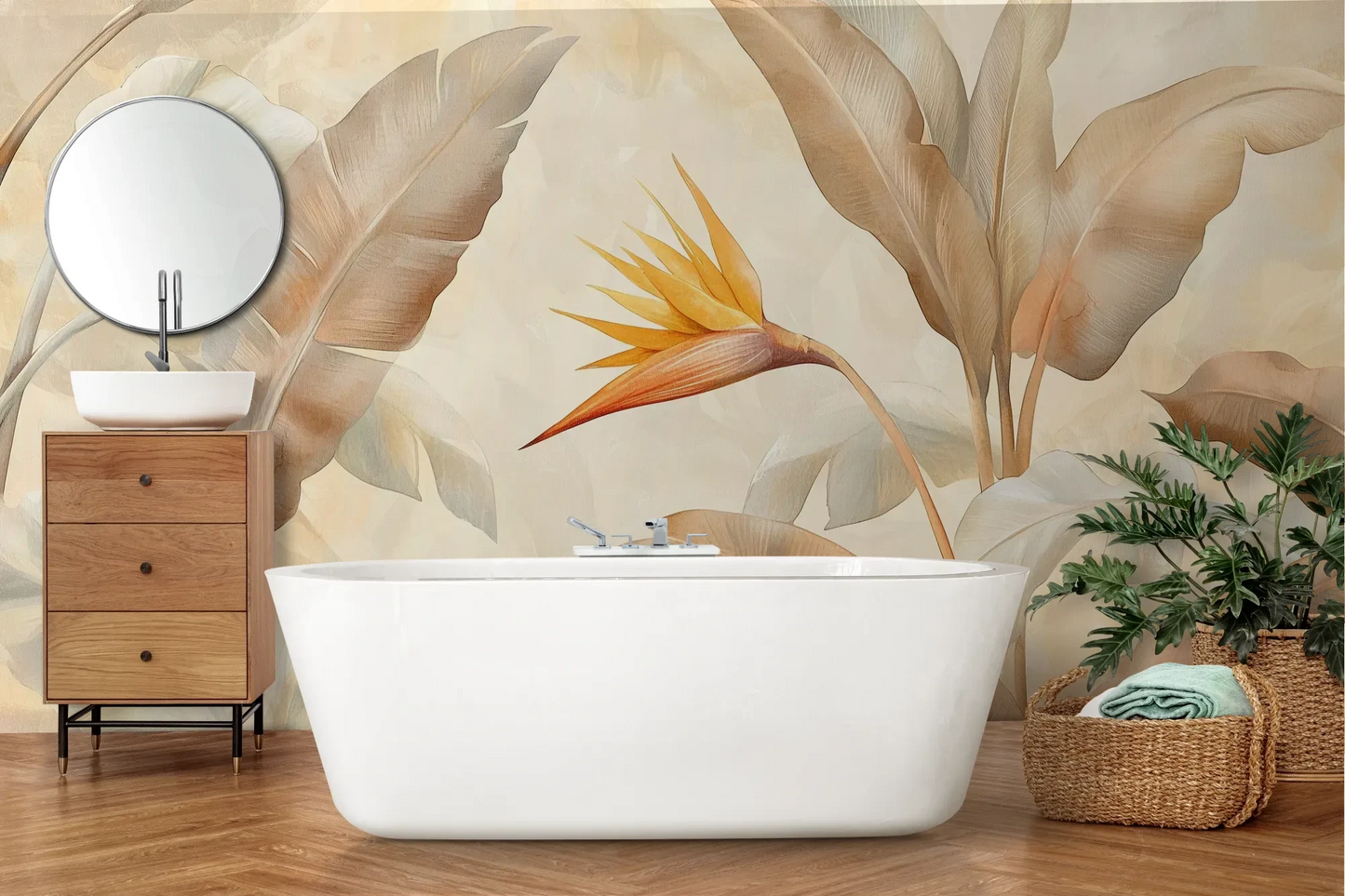 Wzór fototapety GOLDEN STRELITZIA - tapeta z tropikalną rajską ptasznicą w ciepłych beżach pokazanej w aranżacji łazienki.
