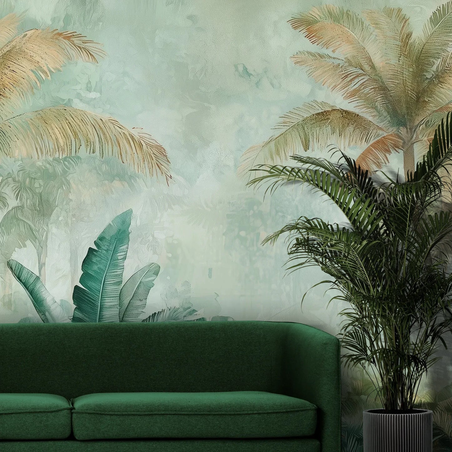 Fototapeta PALM MIRAGE AURORA - tapeta z tropikalną mglistą dżunglą pokazana w aranżacji wnętrza z akcentem na ścianie.