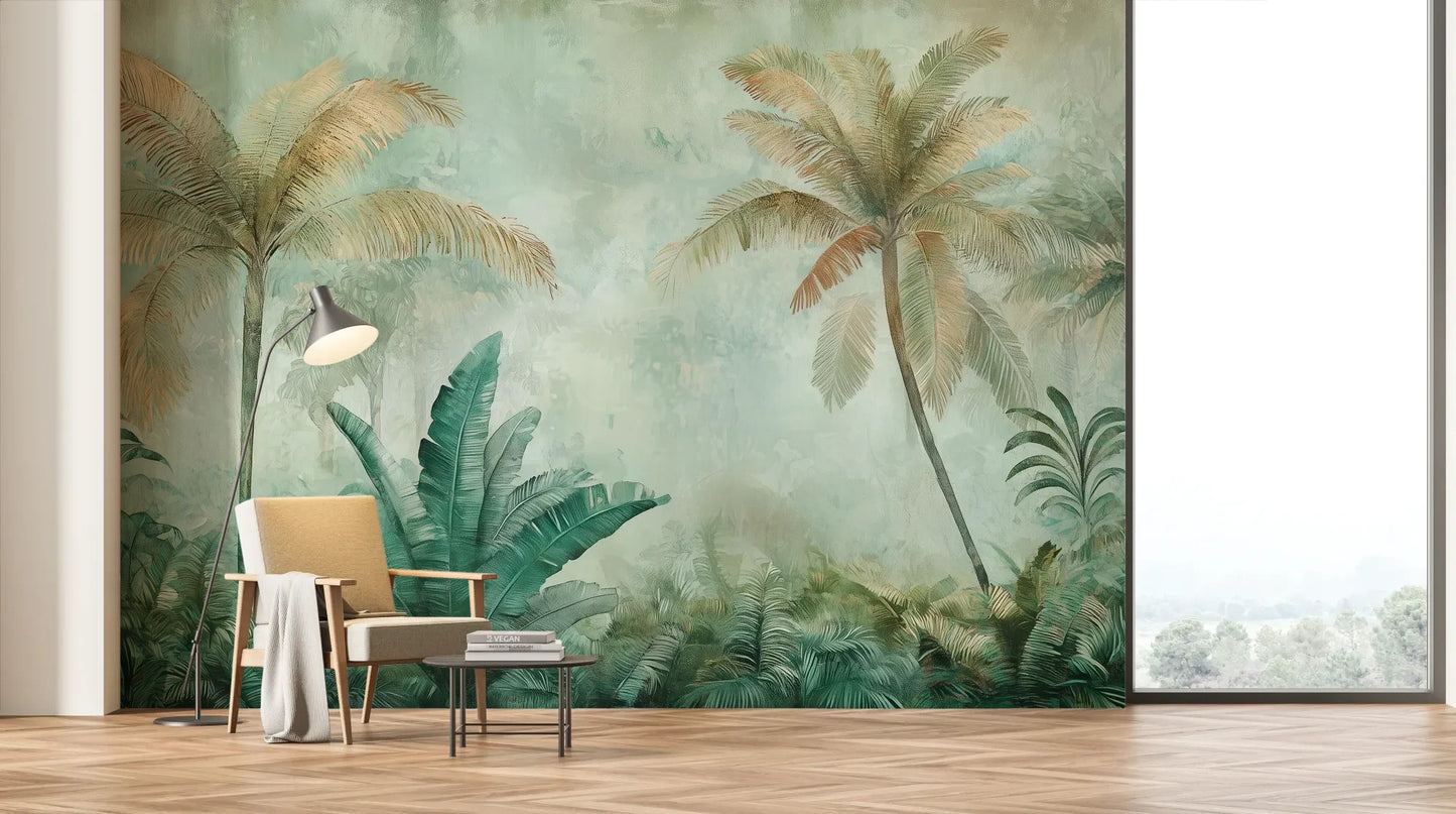 Wzór fototapety PALM MIRAGE AURORA - tapeta z tropikalną mglistą dżunglą pokazanej w aranżacji salonu.