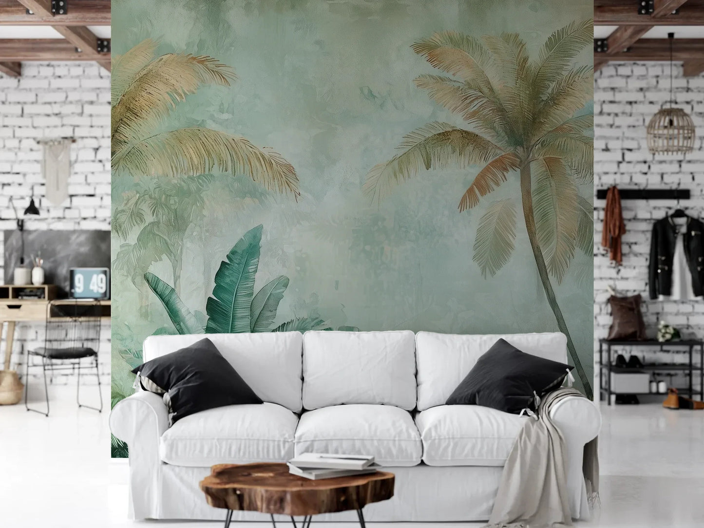Wzór fototapety PALM MIRAGE AURORA - tapeta z tropikalną mglistą dżunglą pokazanej w aranżacji salonu.