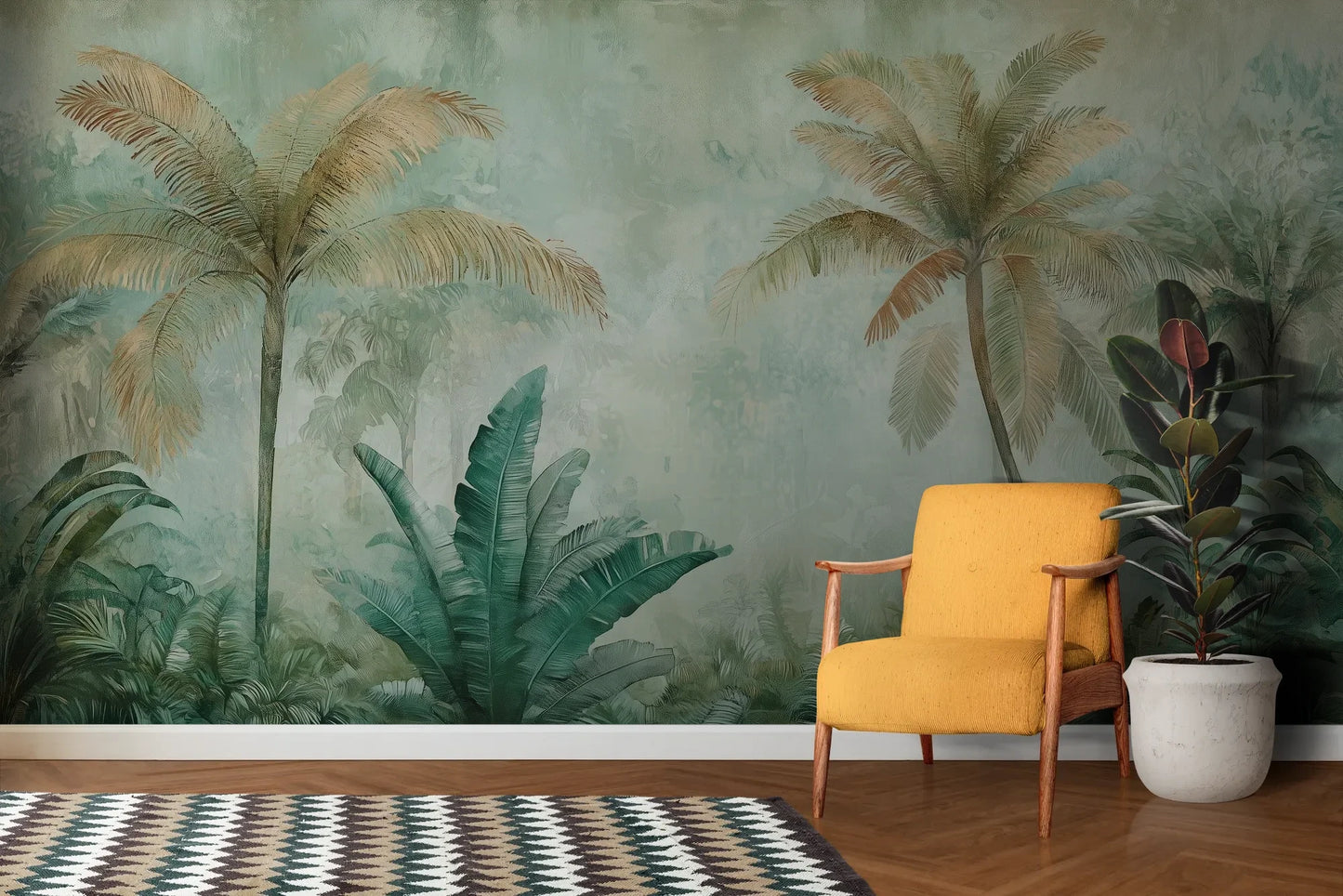 Wzór fototapety PALM MIRAGE AURORA - tapeta z tropikalną mglistą dżunglą pokazanej w aranżacji salonu.