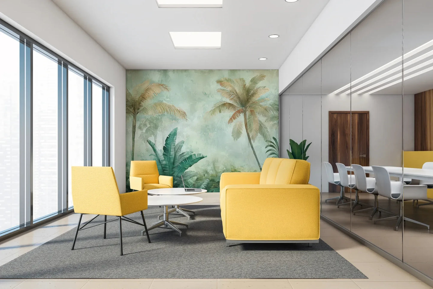 Fototapeta PALM MIRAGE AURORA - tapeta z tropikalną mglistą dżunglą w aranżacji wnętrza.