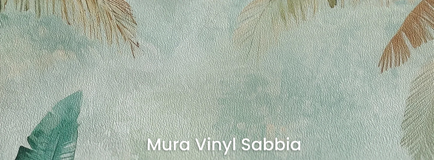 Zbliżenie na fototapetę PALM MIRAGE AURORA - tapeta z tropikalną mglistą dżunglą na podłożu o strukturze ziarna piasku.