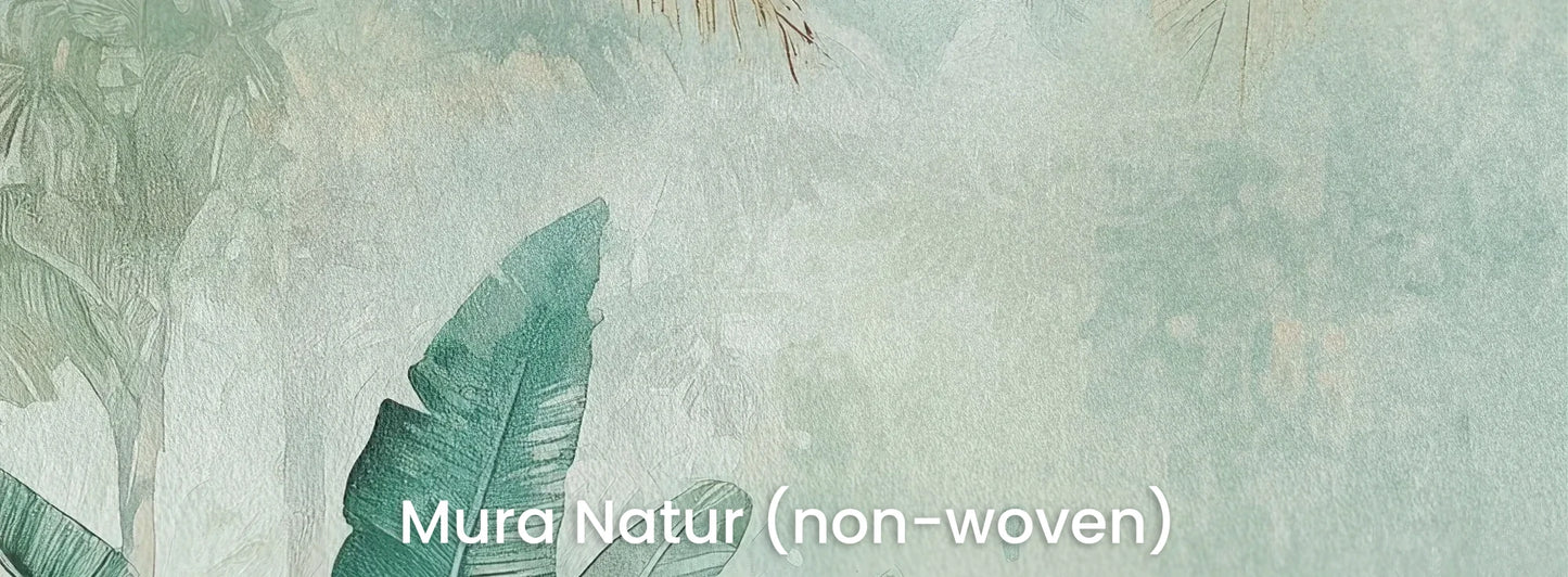 Zbliżenie na fototapetę PALM MIRAGE AURORA - tapeta z tropikalną mglistą dżunglą na naturalnym podłożu ekologicznym.