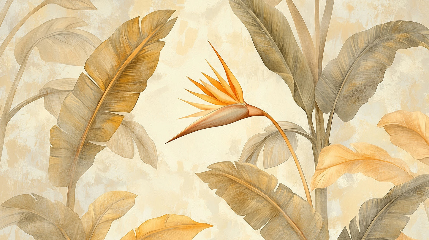 Prezentacja całego wzoru fototapety o nazwie GOLDEN PARADISE - tapeta z tropikalnymi liśćmi i kwiatem strelicji