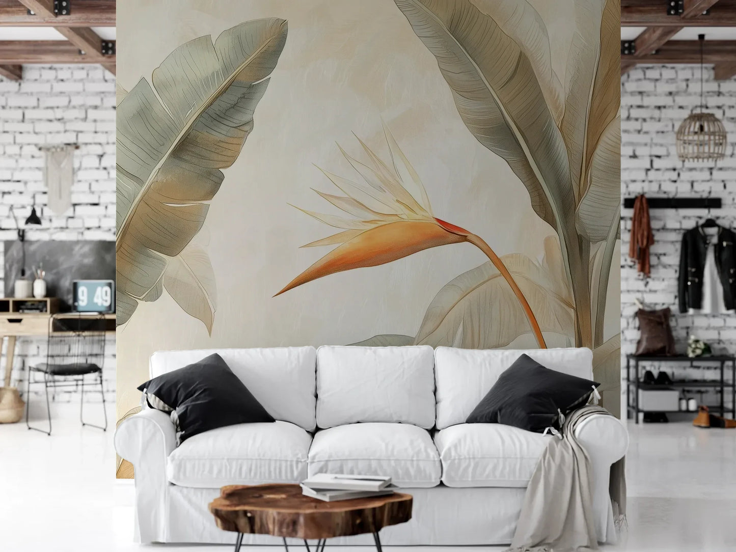 Wzór fototapety HELICONIA GRACE - tapeta z tropikalnymi liśćmi w pastelowych odcieniach pokazanej w aranżacji salonu.