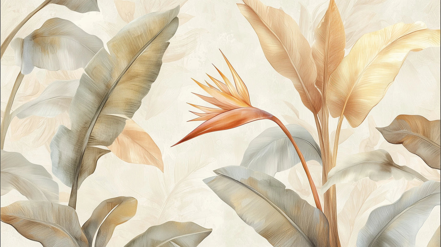 Prezentacja całego wzoru fototapety o nazwie CORAL HARMONY - tapeta z tropikalnymi kwiatami w pastelowych odcieniach