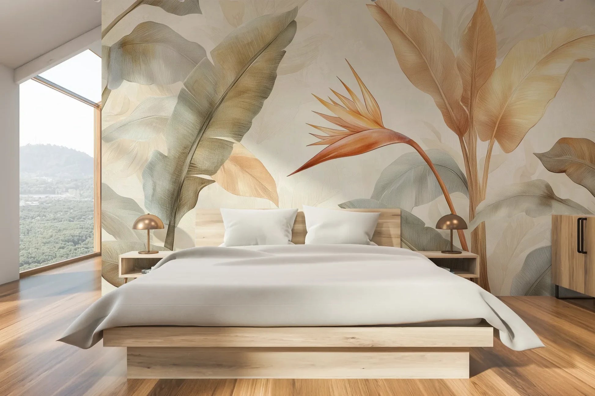 Wzór fototapety CORAL HARMONY - tapeta z tropikalnymi kwiatami w pastelowych odcieniach pokazanej w aranżacji sypialni.