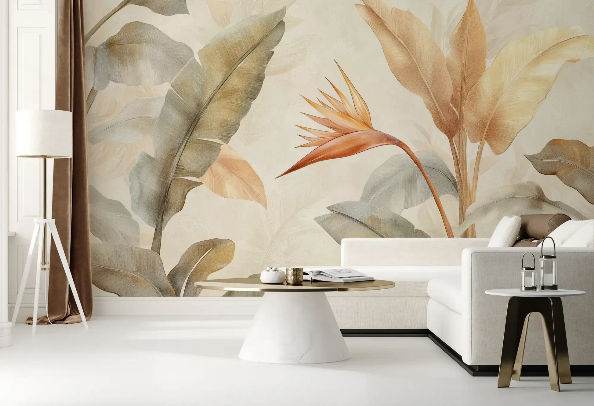 Wzór fototapety CORAL HARMONY - tapeta z tropikalnymi kwiatami w pastelowych odcieniach pokazanej w aranżacji salonu.