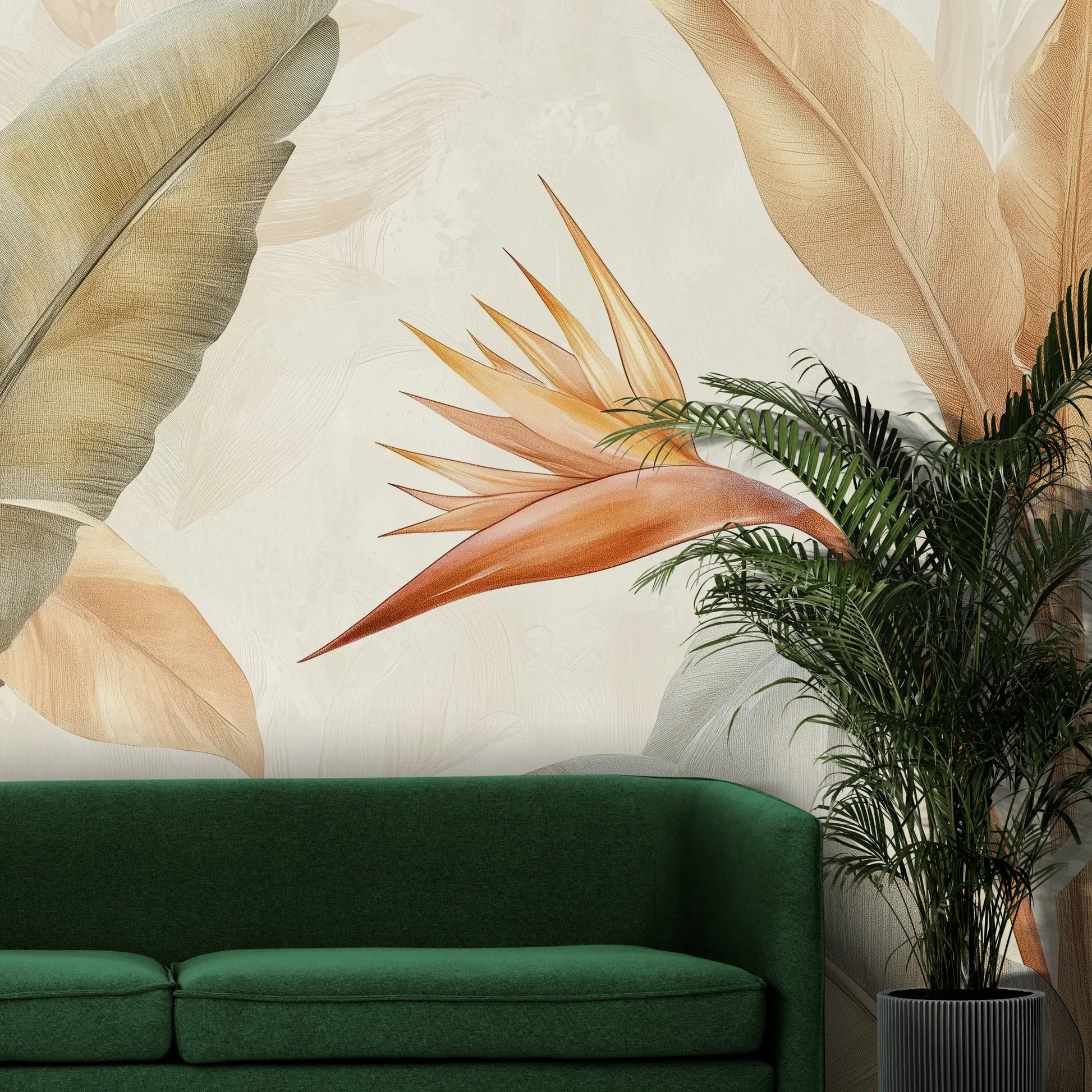 Fototapeta CORAL HARMONY - tapeta z tropikalnymi kwiatami w pastelowych odcieniach pokazana w aranżacji wnętrza z akcentem na ścianie.