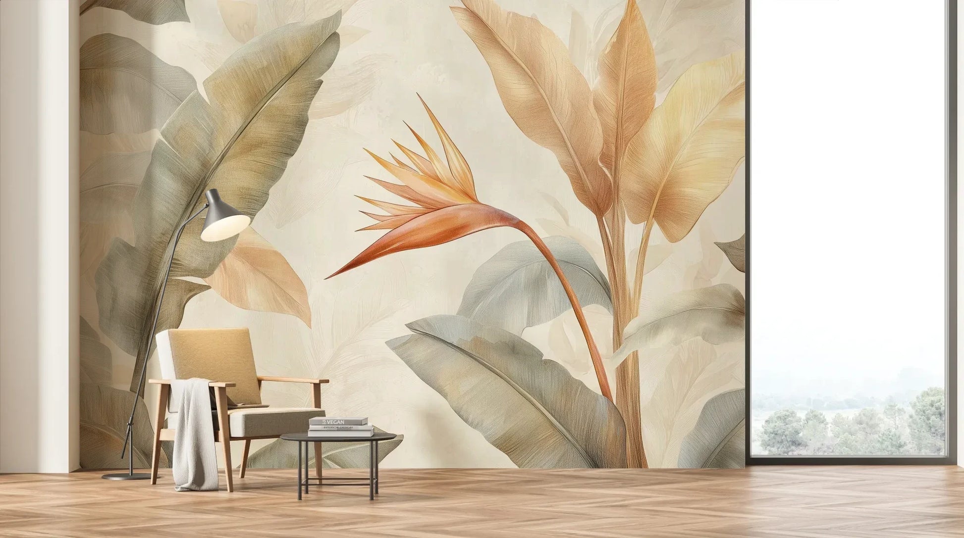 Wzór fototapety CORAL HARMONY - tapeta z tropikalnymi kwiatami w pastelowych odcieniach pokazanej w aranżacji salonu.