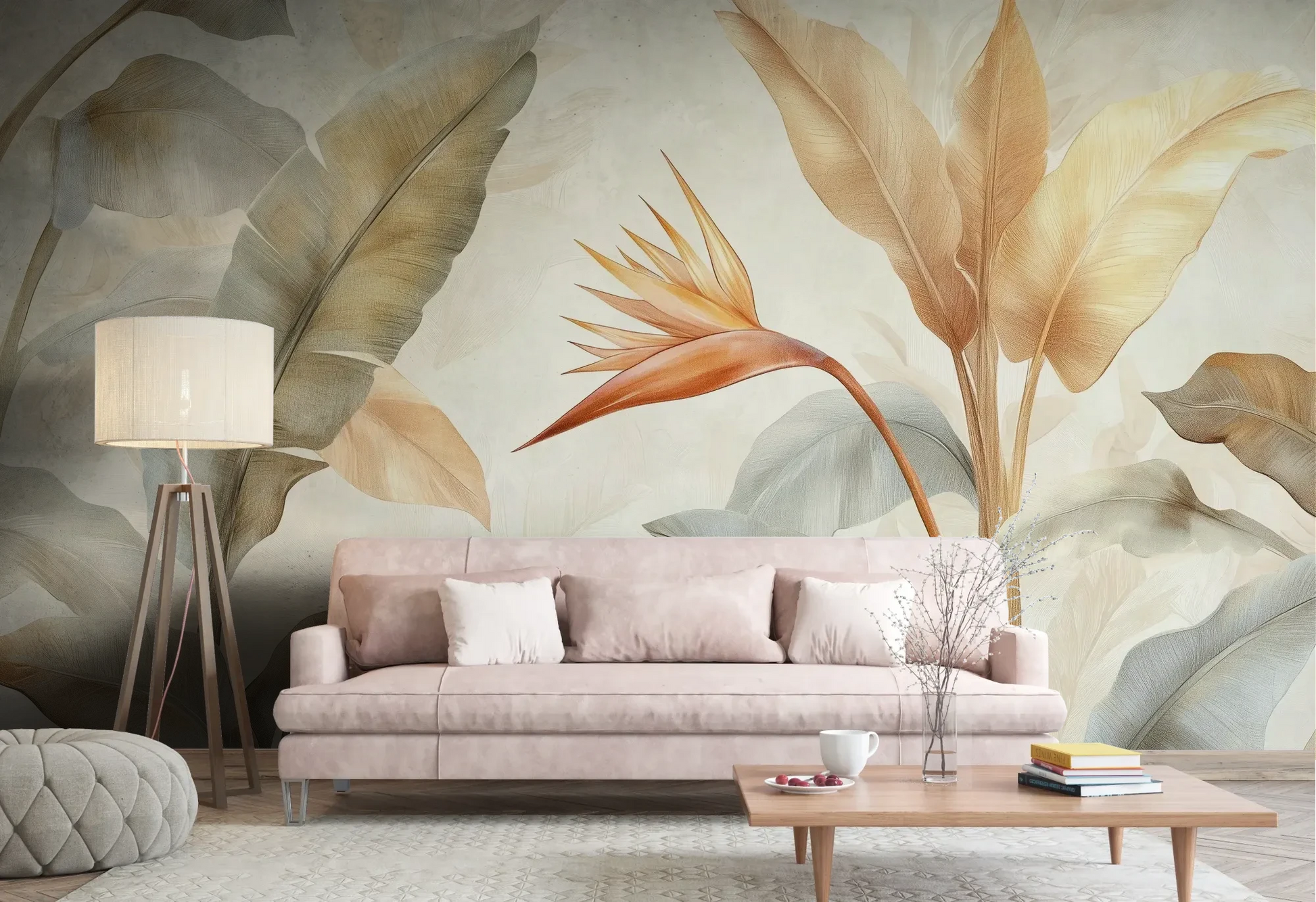 Wzór fototapety CORAL HARMONY - tapeta z tropikalnymi kwiatami w pastelowych odcieniach pokazanej w aranżacji salonu.