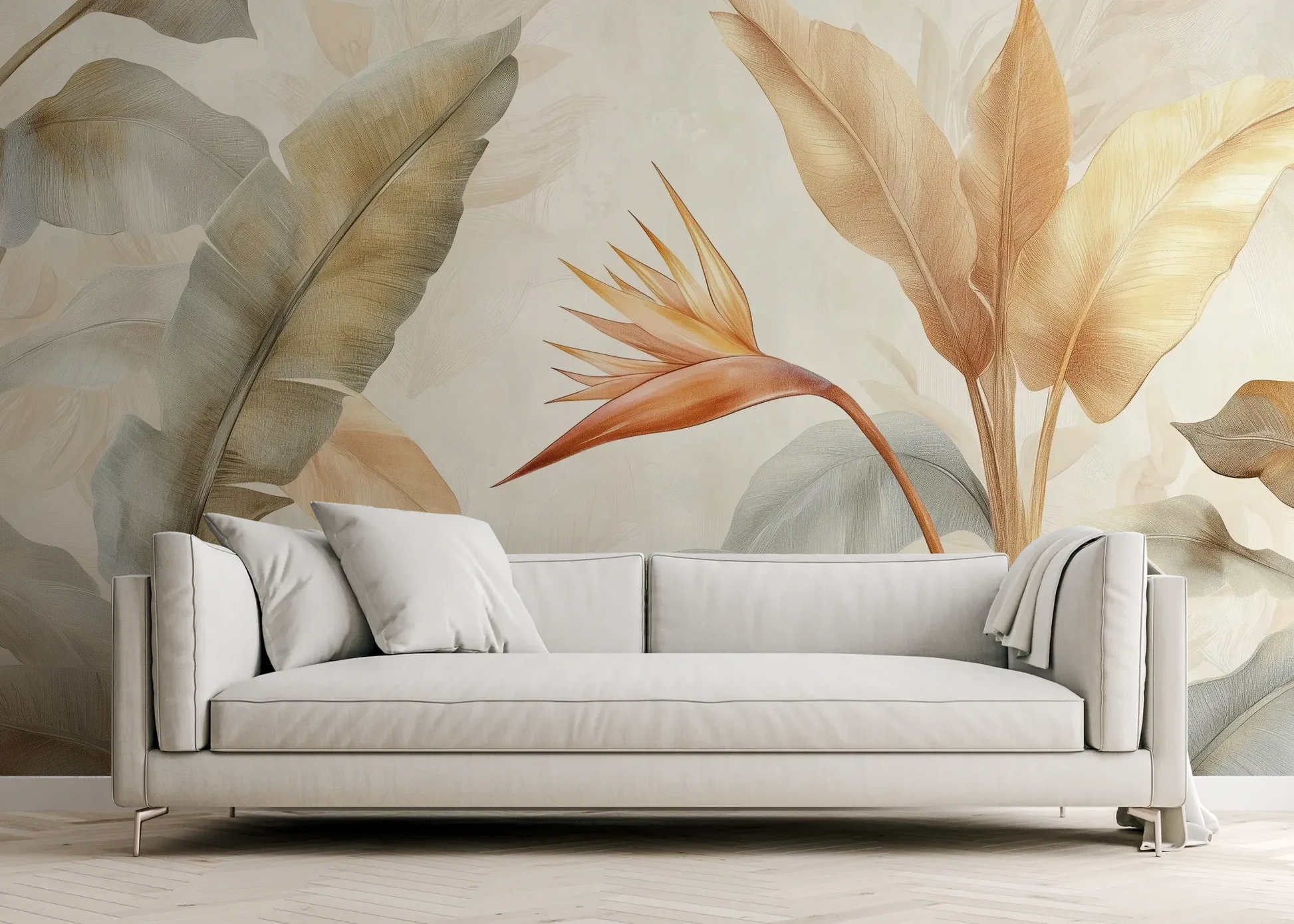 Wzór fototapety CORAL HARMONY - tapeta z tropikalnymi kwiatami w pastelowych odcieniach pokazanej w aranżacji salonu.