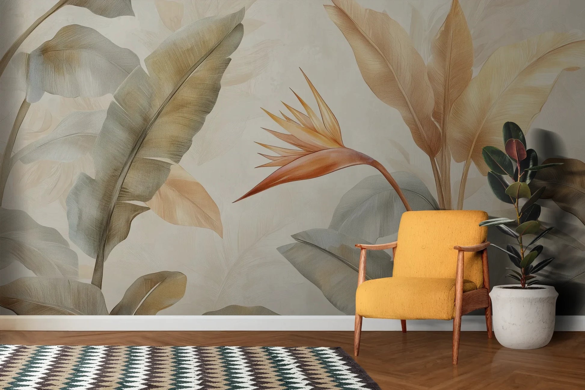 Wzór fototapety CORAL HARMONY - tapeta z tropikalnymi kwiatami w pastelowych odcieniach pokazanej w aranżacji salonu.