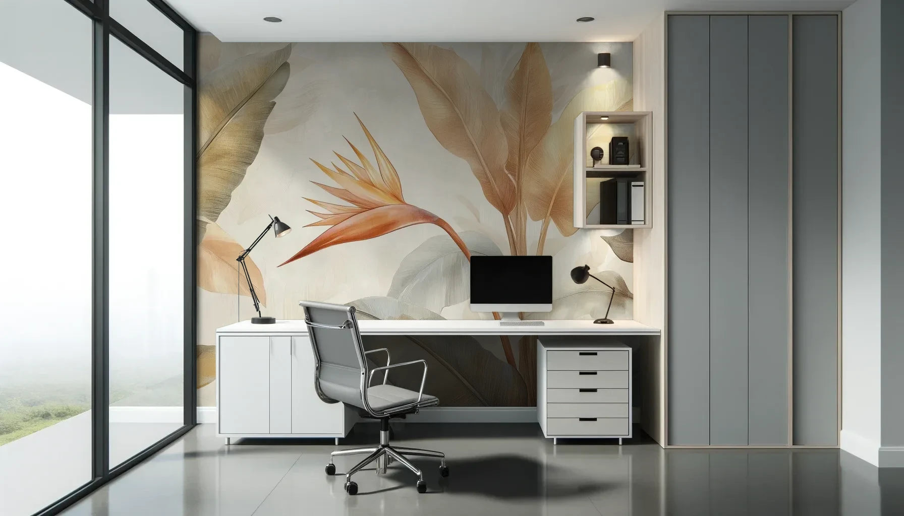 Fototapeta CORAL HARMONY - tapeta z tropikalnymi kwiatami w pastelowych odcieniach pokazana w aranżacji biura.