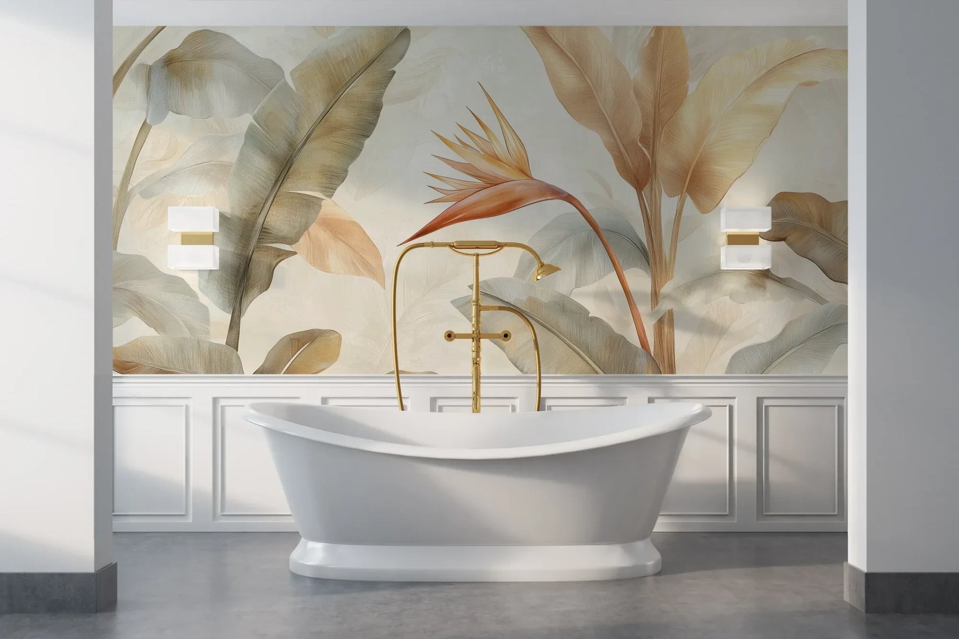 Wzór fototapety CORAL HARMONY - tapeta z tropikalnymi kwiatami w pastelowych odcieniach pokazanej w aranżacji łazienki.