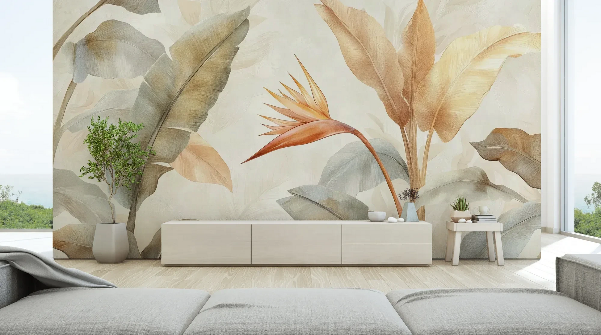 Wzór fototapety CORAL HARMONY - tapeta z tropikalnymi kwiatami w pastelowych odcieniach pokazanej w aranżacji salonu.