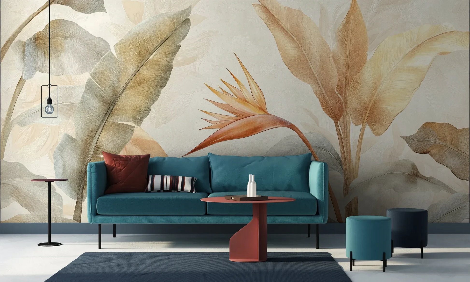 Wzór fototapety CORAL HARMONY - tapeta z tropikalnymi kwiatami w pastelowych odcieniach pokazanej w aranżacji salonu.