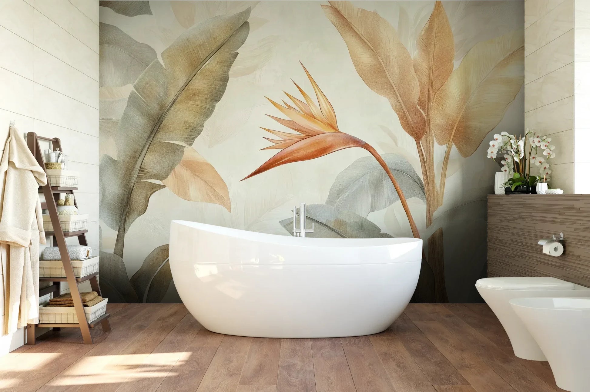 Wzór fototapety CORAL HARMONY - tapeta z tropikalnymi kwiatami w pastelowych odcieniach pokazanej w aranżacji łazienki.