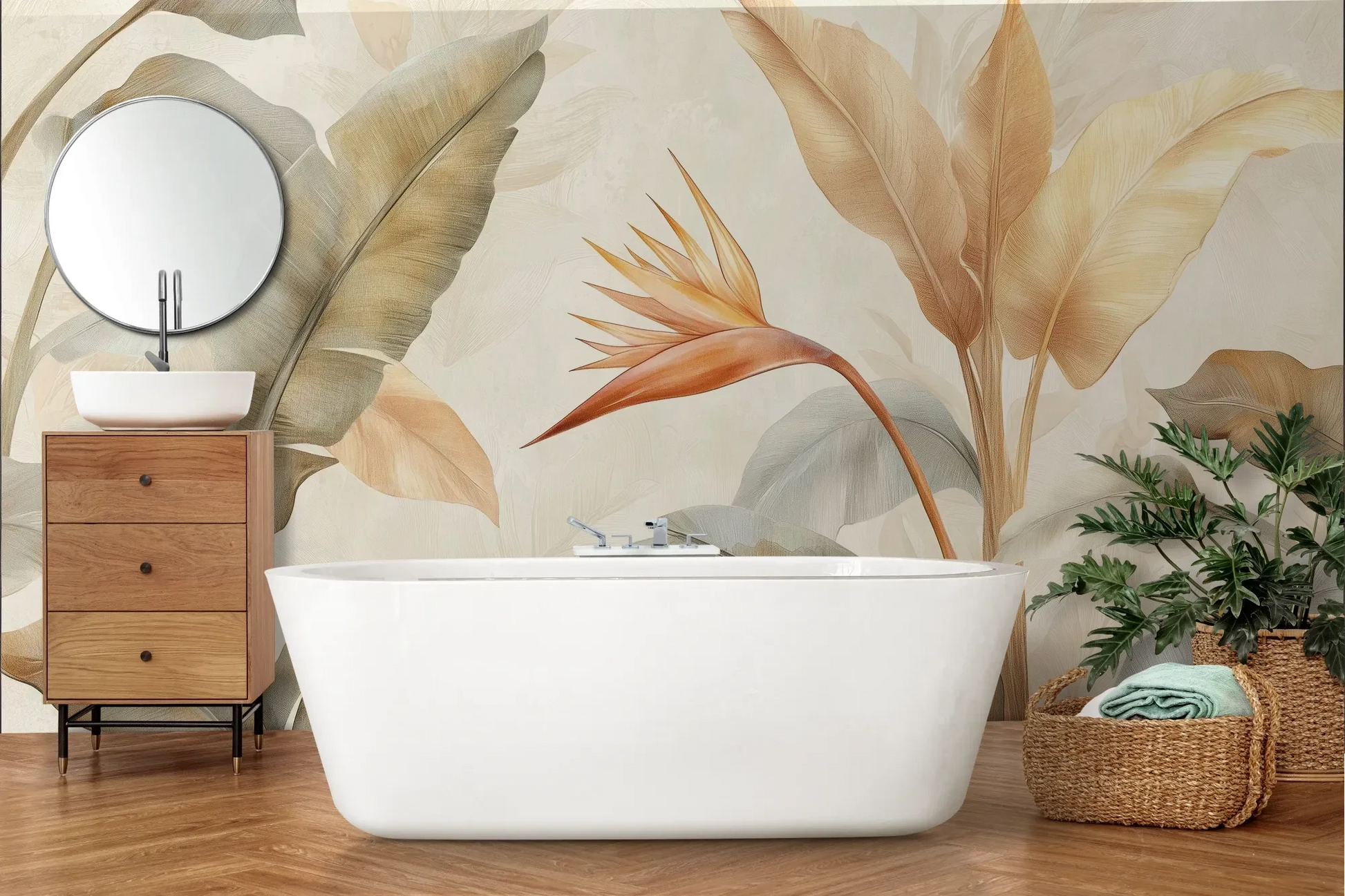 Wzór fototapety CORAL HARMONY - tapeta z tropikalnymi kwiatami w pastelowych odcieniach pokazanej w aranżacji łazienki.