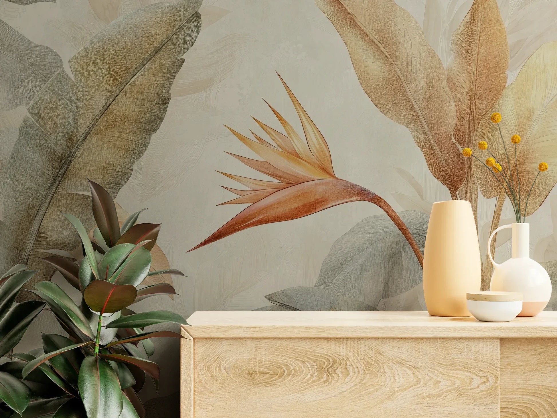 Fototapeta CORAL HARMONY - tapeta z tropikalnymi kwiatami w pastelowych odcieniach pokazana w aranżacji wnętrza z akcentem na ścianie.