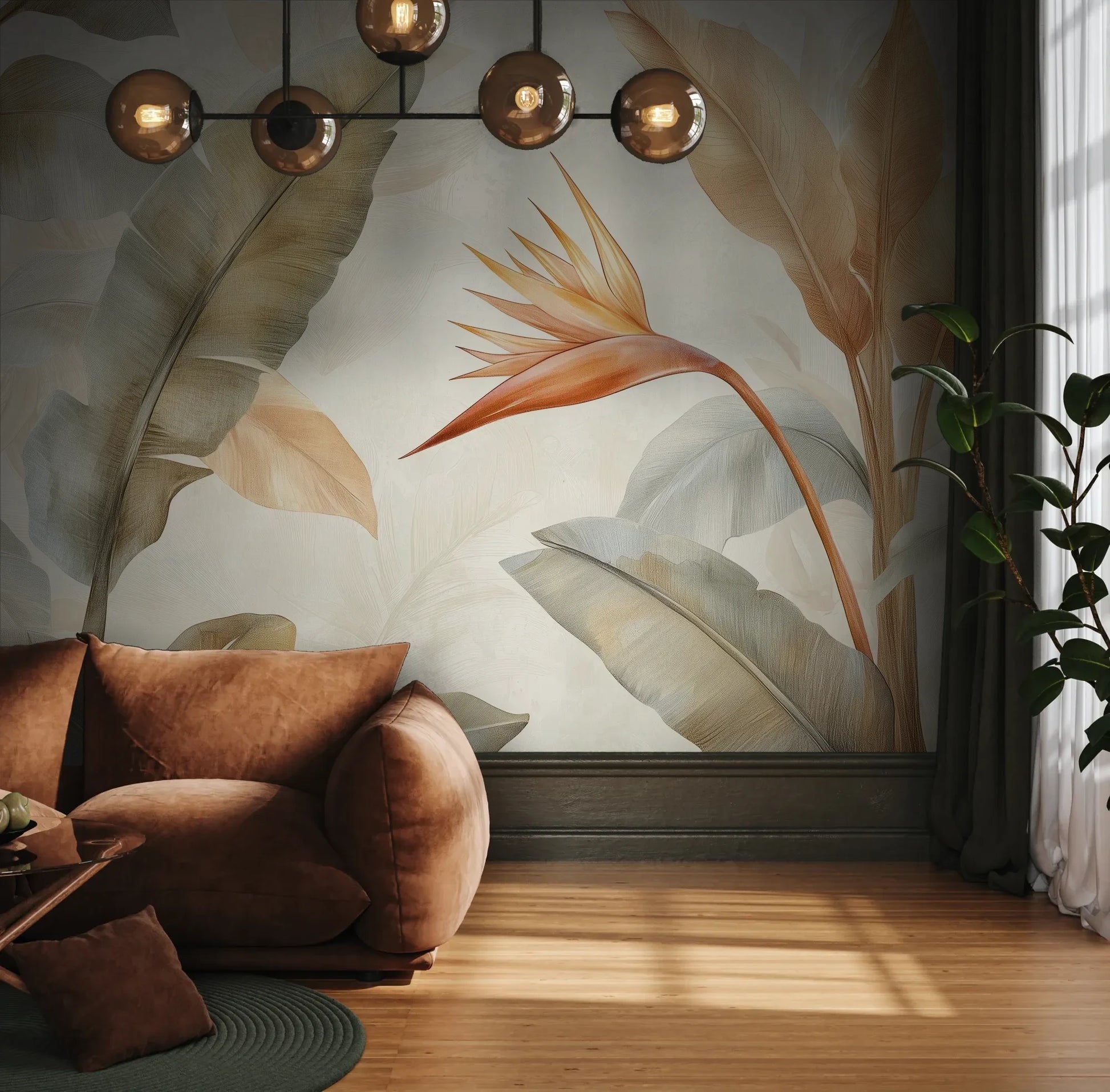 Fototapeta CORAL HARMONY - tapeta z tropikalnymi kwiatami w pastelowych odcieniach pokazana w aranżacji wnętrza z akcentem na ścianie.