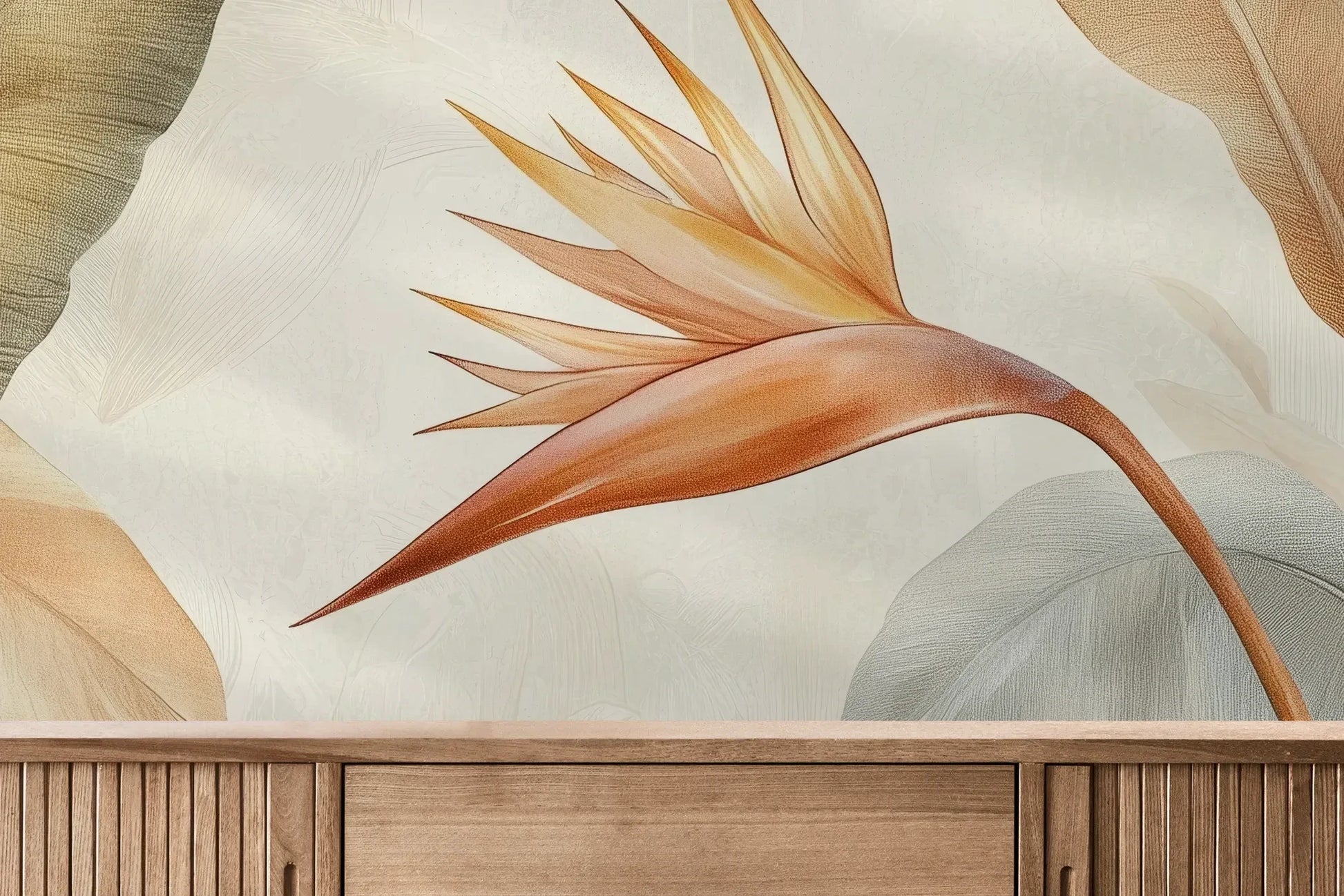 Fototapeta CORAL HARMONY - tapeta z tropikalnymi kwiatami w pastelowych odcieniach pokazana w aranżacji wnętrza z akcentem na ścianie.