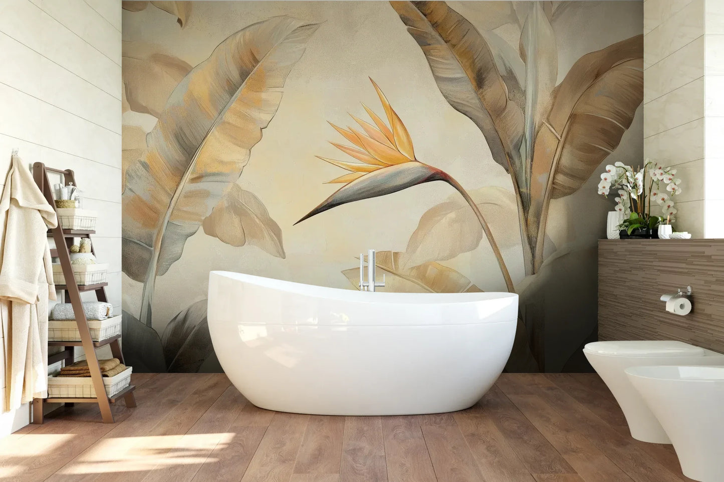 Wzór fototapety SUNLIT STRELITZIA - tapeta z egzotycznym rajskim ptakiem w pastelowych barwach pokazanej w aranżacji łazienki.