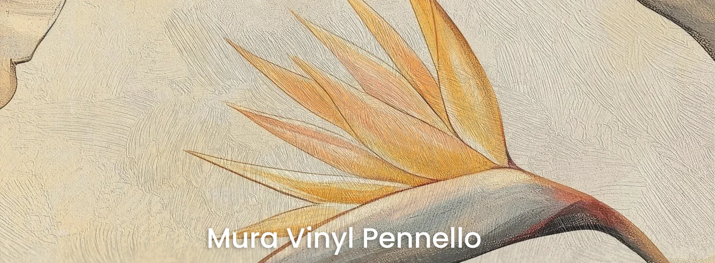 Zbliżenie na fototapetę SUNLIT STRELITZIA - tapeta z egzotycznym rajskim ptakiem w pastelowych barwach na podłożu o fakturze pociągnięć pędzla.