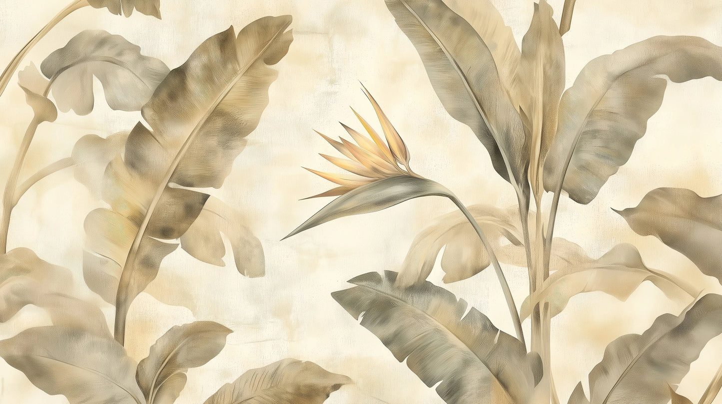 Prezentacja całego wzoru fototapety o nazwie DESERT SYMPHONY - tapeta z beżowymi liśćmi palmowymi i rajskim ptakiem