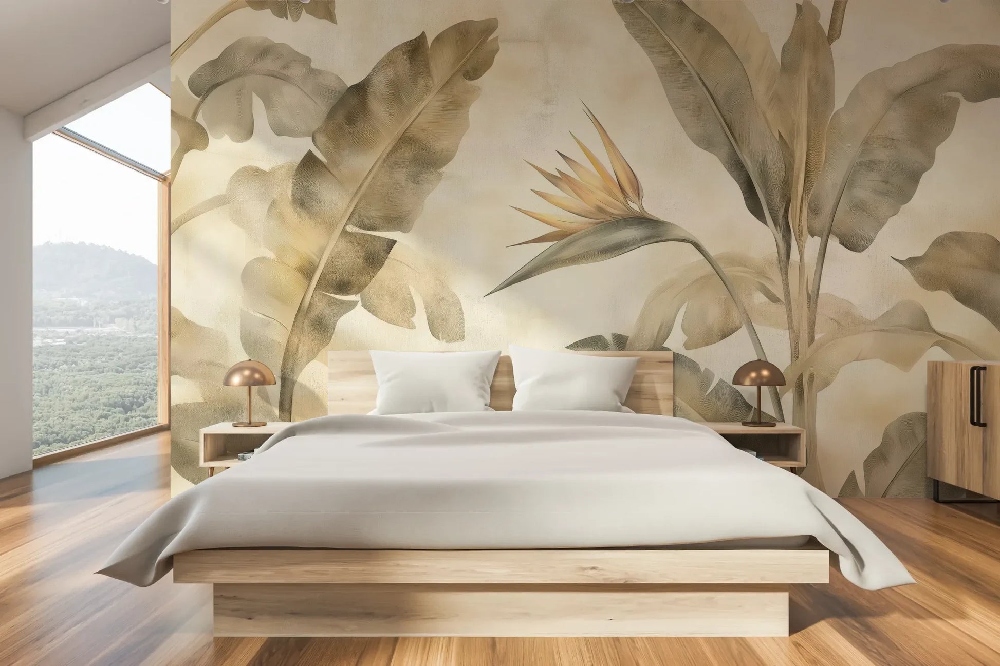 Wzór fototapety DESERT SYMPHONY - tapeta z beżowymi liśćmi palmowymi i rajskim ptakiem pokazanej w aranżacji sypialni.