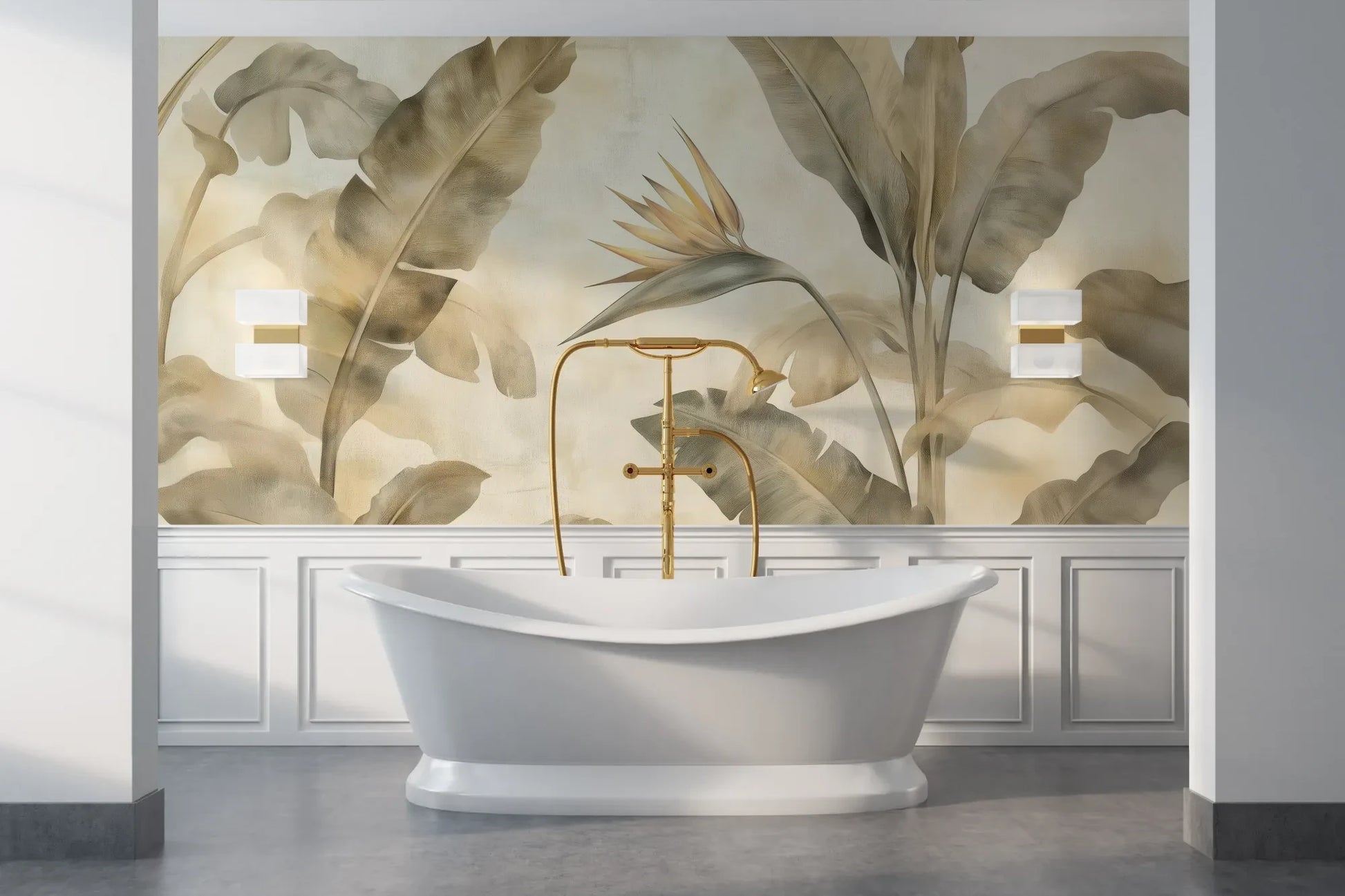 Wzór fototapety DESERT SYMPHONY - tapeta z beżowymi liśćmi palmowymi i rajskim ptakiem pokazanej w aranżacji łazienki.