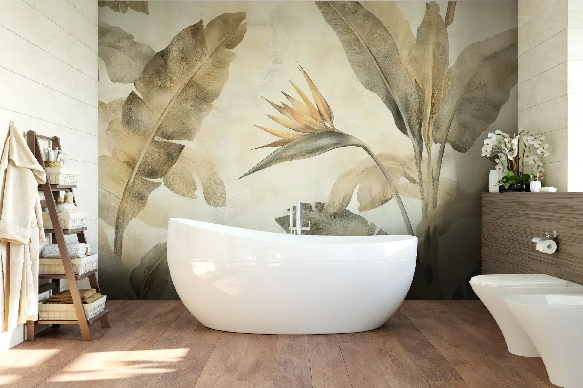 Wzór fototapety DESERT SYMPHONY - tapeta z beżowymi liśćmi palmowymi i rajskim ptakiem pokazanej w aranżacji łazienki.