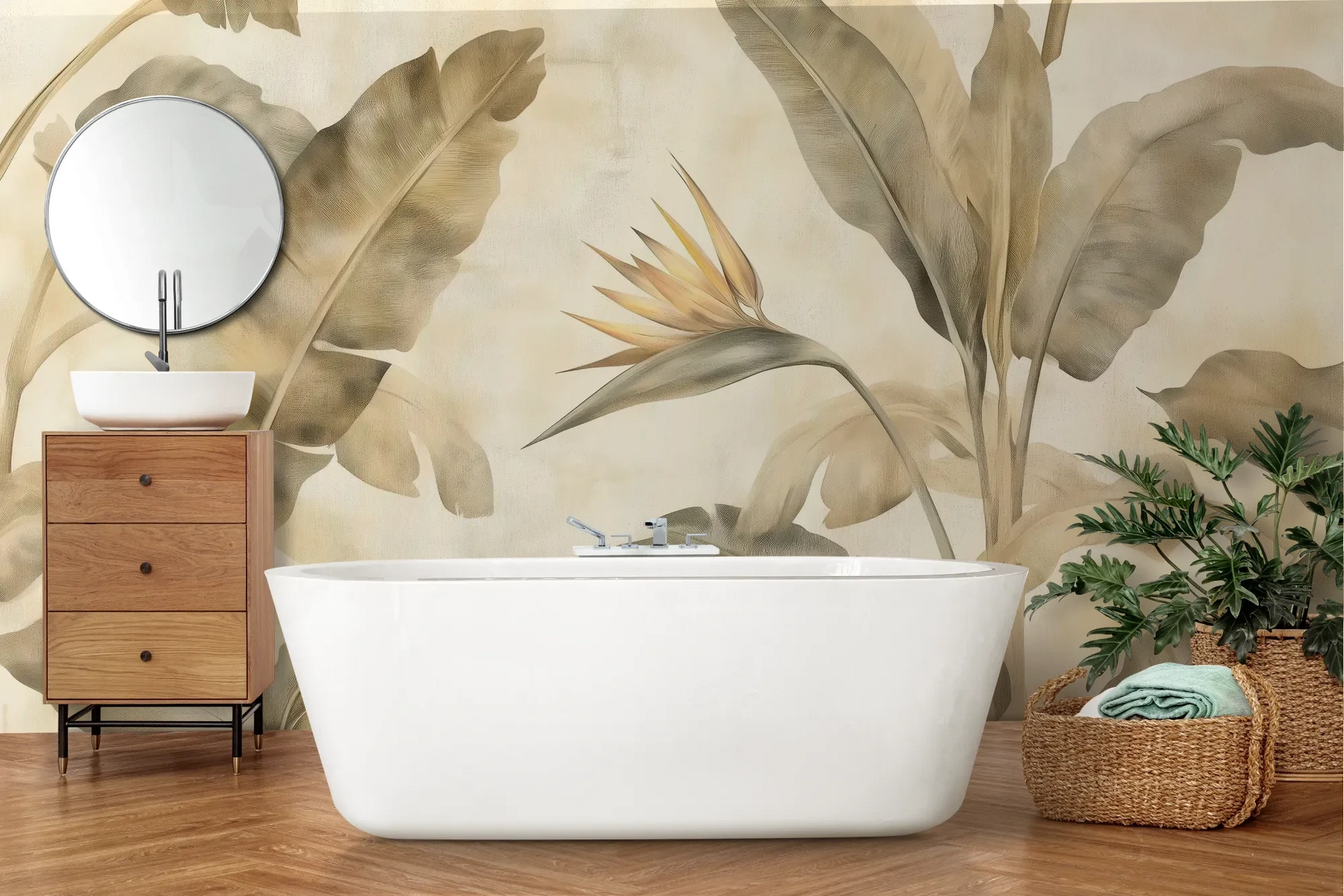 Wzór fototapety DESERT SYMPHONY - tapeta z beżowymi liśćmi palmowymi i rajskim ptakiem pokazanej w aranżacji łazienki.