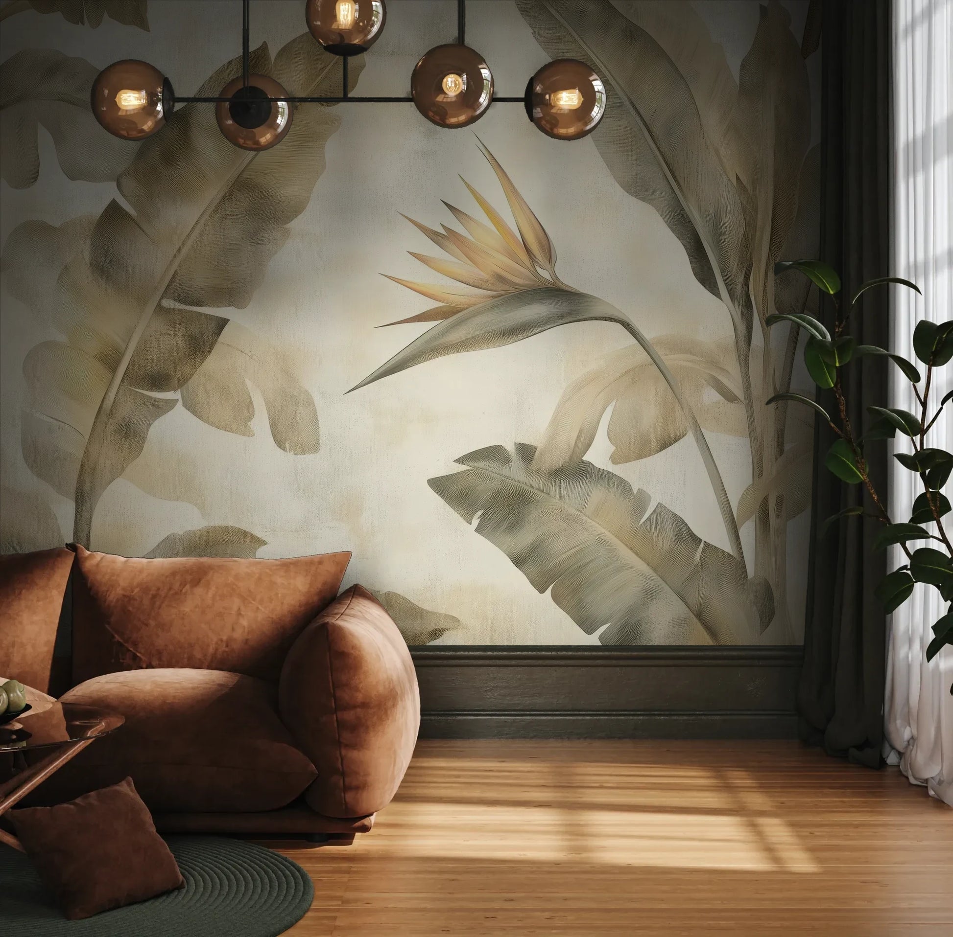 Fototapeta DESERT SYMPHONY - tapeta z beżowymi liśćmi palmowymi i rajskim ptakiem pokazana w aranżacji wnętrza z akcentem na ścianie.