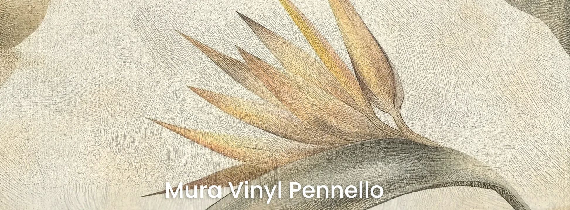 Zbliżenie na fototapetę DESERT SYMPHONY - tapeta z beżowymi liśćmi palmowymi i rajskim ptakiem na podłożu o fakturze pociągnięć pędzla.