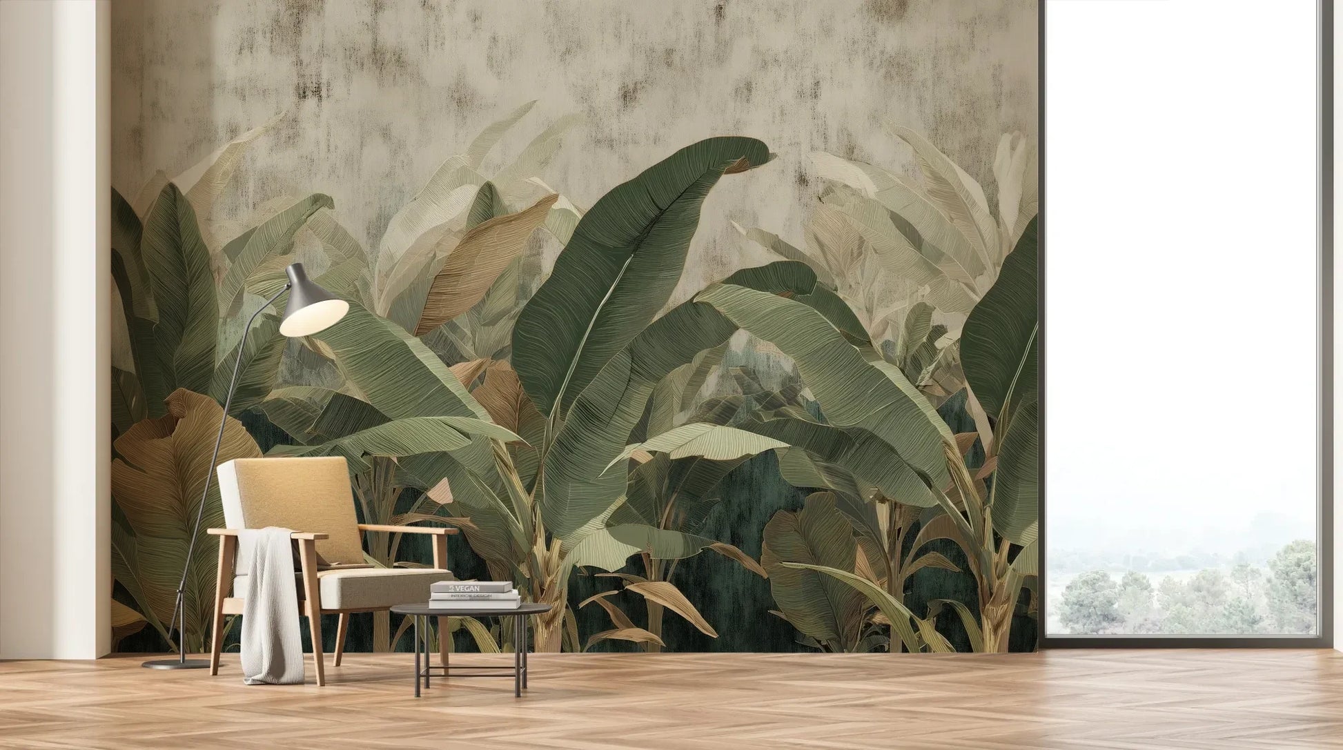 Wzór fototapety BANANA LEAVES SHADOW - tapeta z tropikalnymi liśćmi bananowca pokazanej w aranżacji salonu.