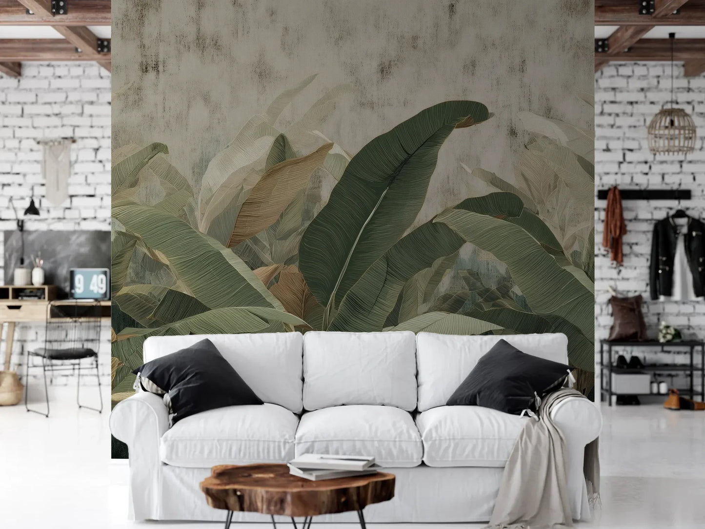 Wzór fototapety BANANA LEAVES SHADOW - tapeta z tropikalnymi liśćmi bananowca pokazanej w aranżacji salonu.